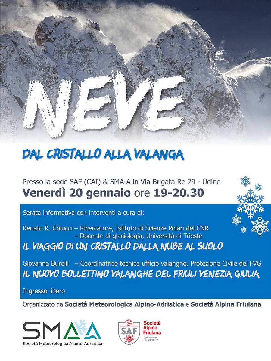 ProtCivReg_FVG's tweet photo. #SavetheDate! Vi aspettiamo questo Venerdì #20gennaio per una interessante serata informativa "NEVE dal cristallo alla valanga". Sarà l'occasione per presentare il nuovo bollettino valanghe della @regioneFVGit.
📍Presso la Sede CAI di Udine - via brigata Re, 29 alle  19:00. https://t.co/RnlNiRr4aD