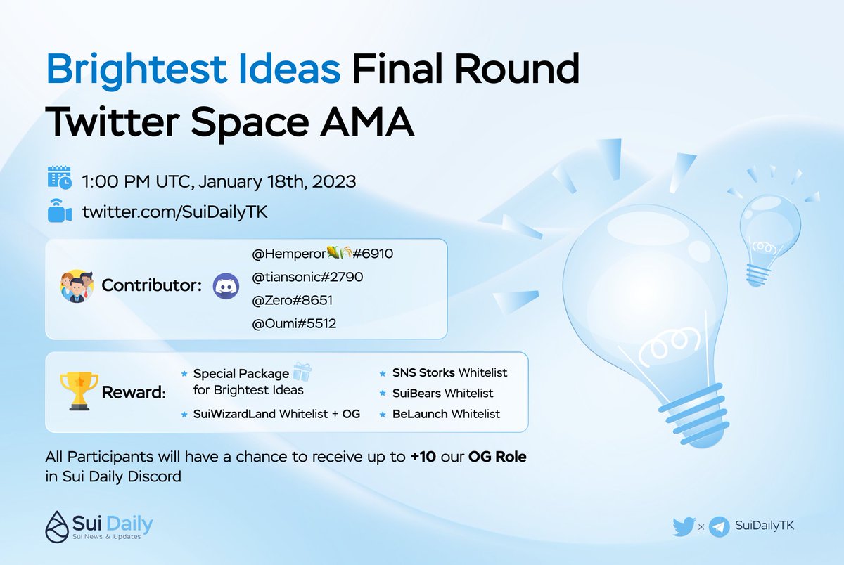 🔥 Brightest Ideas Final Round - Twitter Space AMA Announcement

⏰18th Jan, 1:00 PM UTC 

📍Venue: x.com/i/spaces/1zqJV…

Win: $200 BUSD

Many prize is await: SNSStork, Wizardland, ..

All Participant will have a chance to receive our OG Role

#AMA #Airdrop #Suinami #SUI