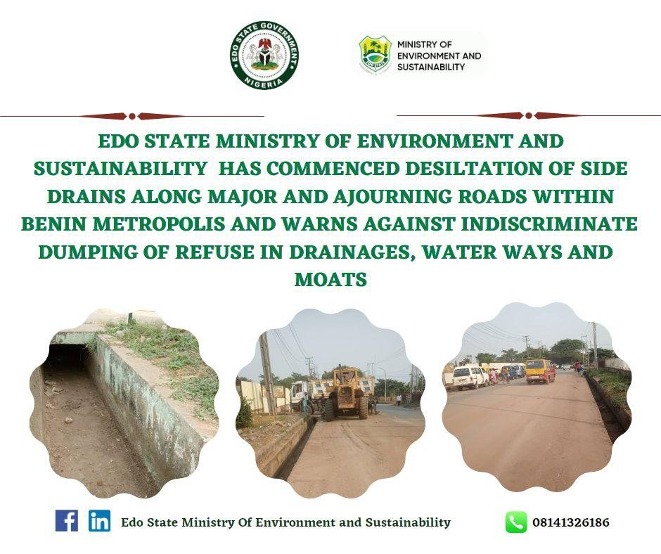 Edo State Ministry of Environment and Sustainability has commenced desiltation of side drains along major and ajourning roads within Benin Metropolis and warns against indiscriminate dumping of refuse in drainages, water ways and moats.

#KeepEdoClean
#MEGA