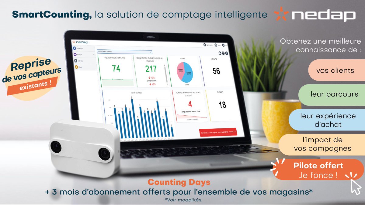 Nedapfr's tweet image. [𝐂𝐨𝐮𝐧𝐭𝐢𝐧𝐠 𝐃𝐚𝐲𝐬] Nedap propose #SmartCounting, une solution de #comptage en temps réel pour vos magasins. 
📢📢 Et en ce moment, c'est les Counting Days :  Votre pilote est offert, ainsi que 3 mois d'abonnement Foncez vite : smartcounting.fr/counting-days
