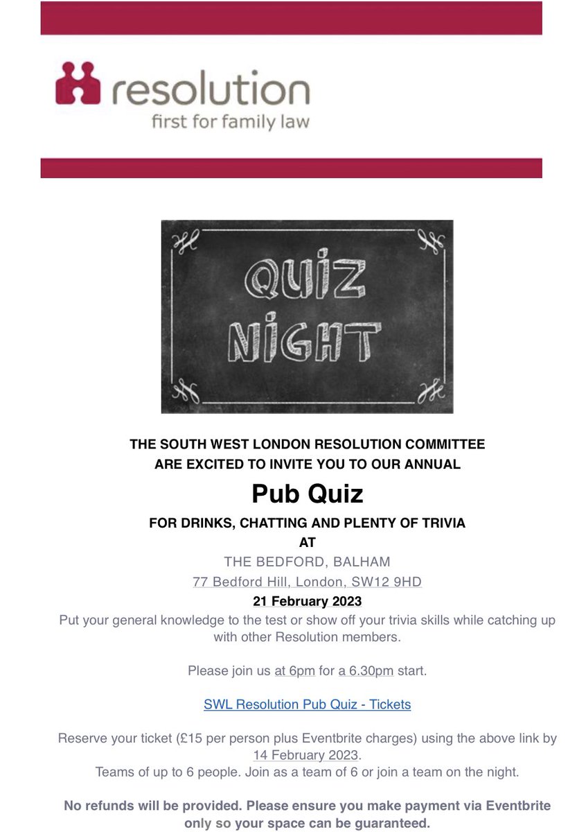 📣 Make sure you grab tickets to our annual pub quiz, taking place on 21 February at The Bedford in Balham 📣. Details below and tickets from eventbrite.co.uk/e/pub-quiz-tic…