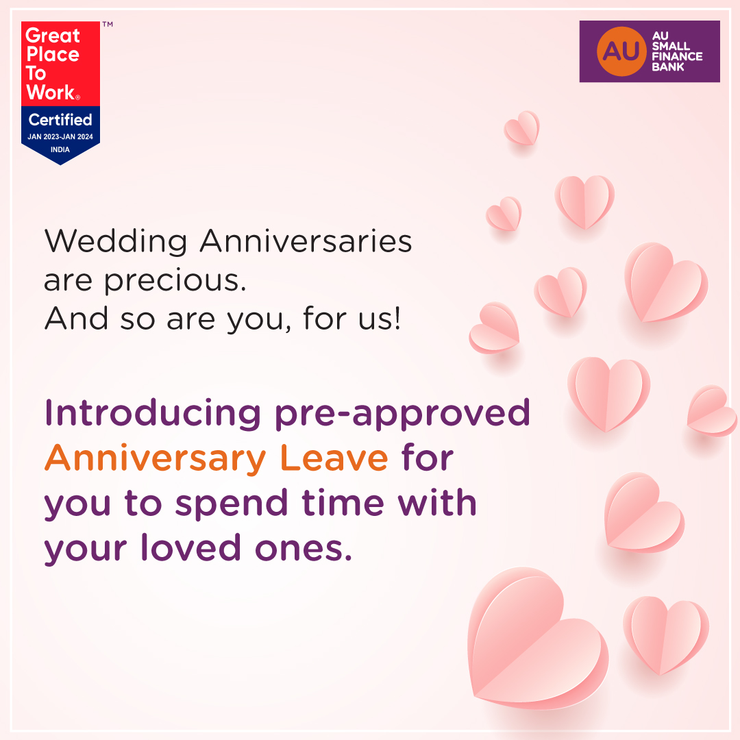 aubankindia's tweet photo. With the onset of 2023, we have incorporated a small Badlaav to make our workplace more inclusive and supportive for everyone. We're happy to introduce these added leaves for our employees to support their work-life balance.
#BadlaavHumseHai #LifeAtAU #AUCares #GreatPlaceToWork https://t.co/Ti12d0rRCJ