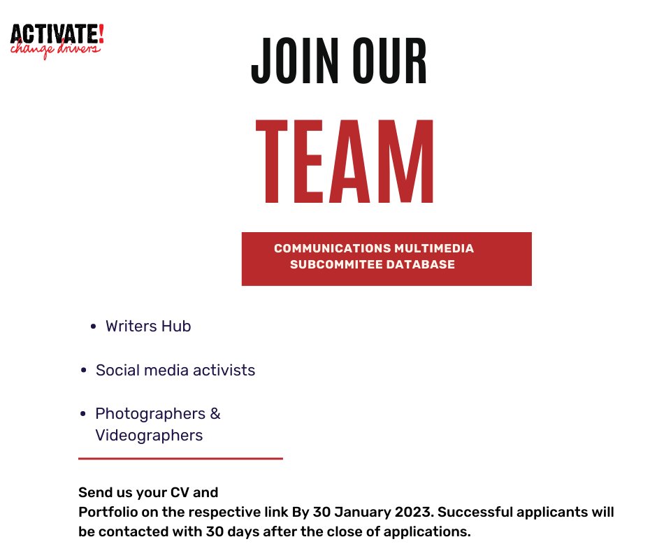 ActivateZA's tweet photo. OPPORTUNITYπ₯³π’: We are looking for young people to join our Multimedia Database. We are actively recruiting young voices to 1.Join our writers' hub, 2. Join our photographers/videographers & 3. A group of Social Media Activists.
Use the links below to apply by 30 JANUARY 2023 https://t.co/ODGzIjNH7q
