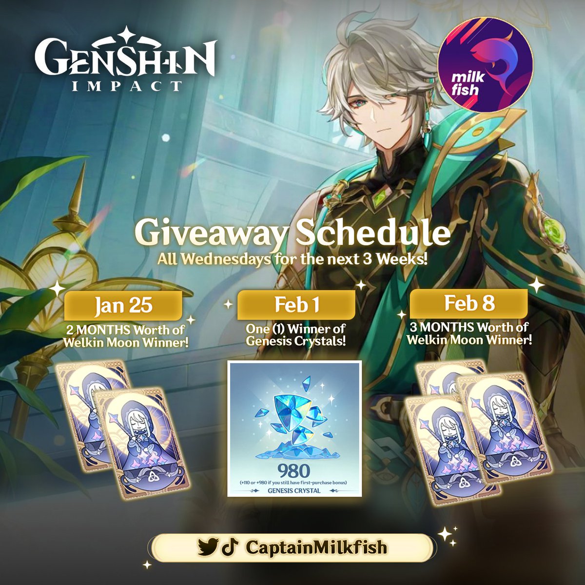 CaptainMilkfish's tweet photo. ✨HAPPY LANTERN RITE✨🥳
💠GENESIS CRYSTALS &amp; WELKIN GIVEAWAY💠

1) Follow + Like + RT this post
2) Follow on TikTok: @CaptainMilkfish
3) Comment your fave 4-star character!
4) Tagged friend wins a Welkin if U win

Check out the mechanics 👇👇
#genshintwt #GenshinImpact #Giveaway https://t.co/qImbiZzOJY