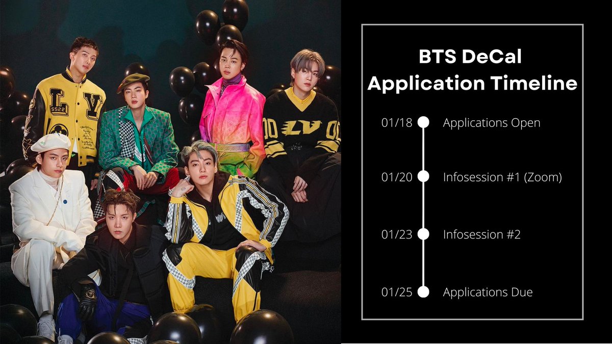 NextGenBTS's tweet photo. The le-JIN-dary BTS DeCal is back this Spring 2023 at UC Berkeley! Applications are out now, and info sessions will be held on Friday and Monday. Come meet fellow ARMYs and learn more about BTS and their impact!

For more information: https://t.co/iKdYDD55i0 https://t.co/AalCfjZy51