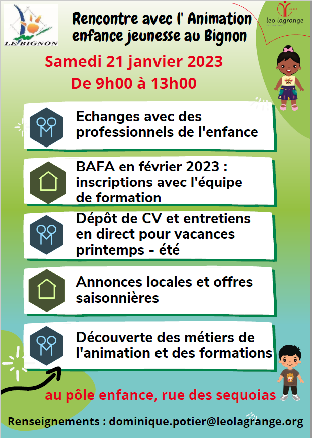 LL_Ouest's tweet photo. [📣RENCONTRE - EMPLOI - LE BIGNON📣]
Samedi 21 janvier, les équipes d'#animation du Pôle #enfance #jeunesse du #Bignon (44) vous invitent à découvrir leur #métier !
#échanges #jobdating #formation #emploi @LeoLagrange https://t.co/2gaDZpVCkY