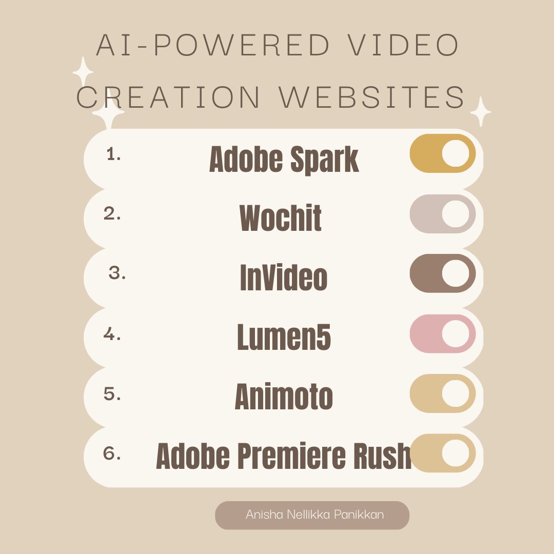 anishanp11's tweet image. There are a number of AI-powered video creation websites that you can use to create professional-looking videos with minimal effort. Some examples include :
#videoeditingtools