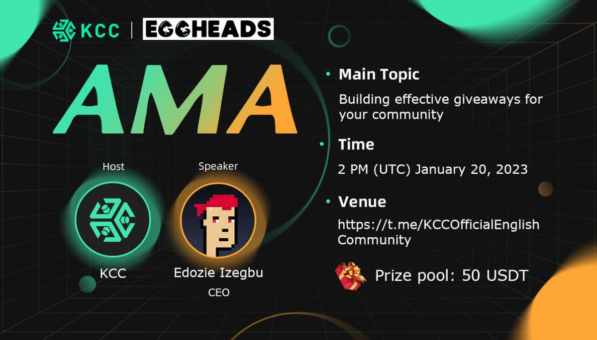 KuCoin Community Chain (KCC) Official (@kccofficialtw) on Twitter photo 🔥Join #KCC & #Eggheads AMA🔥
We're going live on January 20 at 2:00PM UTC⏰
50 $USDT to #Giveaway💸
✅Follow <a href="/EggheadsGame/">Eggheads: Live trivia puzzle games for real prizes</a> & <a href="/KCCOfficialTW/">KuCoin Community Chain (KCC) Official</a>
✅Like, RT, Tag 3 friends
✅Join t.me/KCCOfficialEng…
💰5 winners will be picked from AMA and 5 from Twitter 🔥Join #KCC & #Eggheads AMA🔥
We're going live on January 20 at 2:00PM UTC⏰
50 $USDT to #Giveaway💸
✅Follow <a href="/EggheadsGame/">Eggheads: Live trivia puzzle games for real prizes</a> & <a href="/KCCOfficialTW/">KuCoin Community Chain (KCC) Official</a>
✅Like, RT, Tag 3 friends
✅Join t.me/KCCOfficialEng…
💰5 winners will be picked from AMA and 5 from Twitter