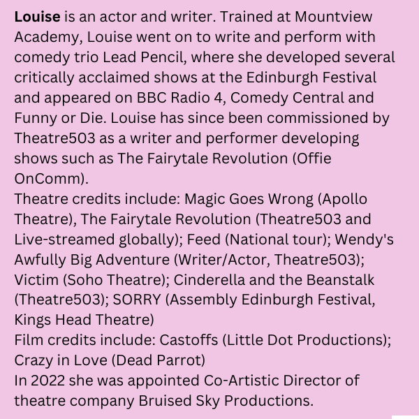 BruisedSky's tweet photo. Introducing our final cast member! Spotlight on actor Louise Beresford @Miss_Beresford one of our THIRSTY by @Steph_Martin_ ensemble cast!
31 Jan-5 Feb @VAULTFestival
πhttps://t.co/7wn2byOrzi
#femalecast #newwriting #ensemblecast #vaultfestival2023 #lgbtnightlife #queerlondon https://t.co/ZyX0CTx61U