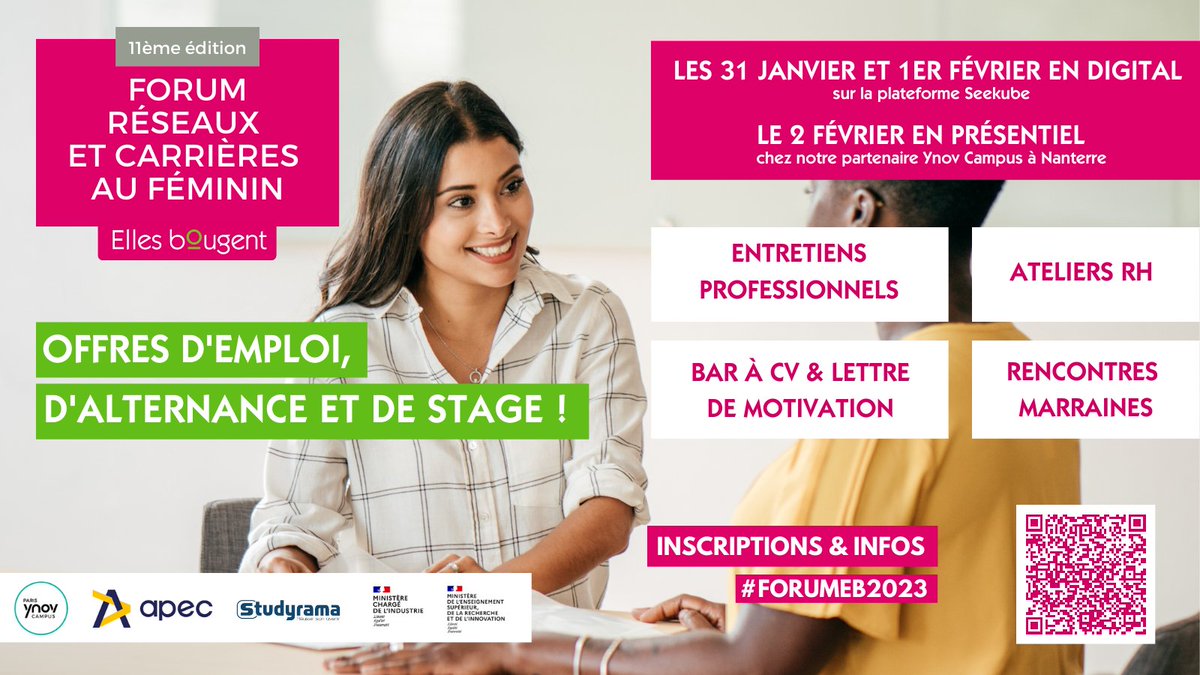 Ellesbougent's tweet photo. đVous ĂȘtes Ă la recherche dâun emploi, dâun stage, dâune alternance ?
Plus que 15 jours pour participer au Forum Réseaux & CarriÚres au féminin les 31 janvier, 1e et 2 février 2023
Infos et inscriptions âĄïž https://t.co/bMIaMqh7Gk
#forumeb2023 #forumeb #ellesbougent #EB2023 https://t.co/EkdekiQJAB