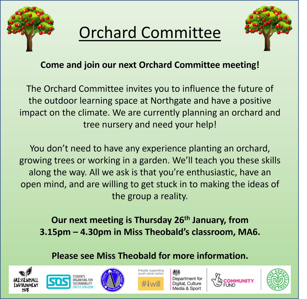 Our next Orchard Committee meeting is on Thursday 26th January after school until 4.30pm in MA6. We welcome new and existing members to the group – come along and get involved in creating an #orchard and #treenursery in our outdoor learning space.
#getinvolved #volunteersneeded