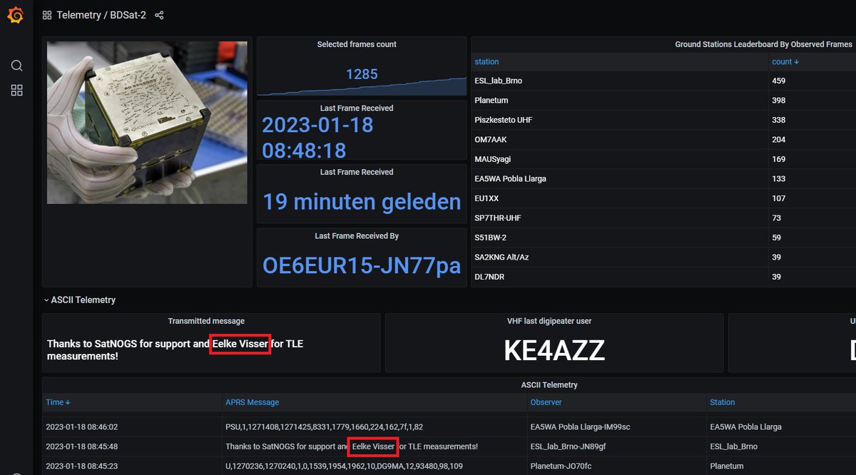 eelkevisser's tweet photo. I'm in space! The satellite BDSAT-2 is sending a big thank you to the @SatNOGS community and me! Seeing my name on the Dashboard just made my day! Thanks!! @kapjp @CEITEC_Brno @spacemanictech 
https://t.co/MlEPij1DV9 https://t.co/MhrjnzdmBJ