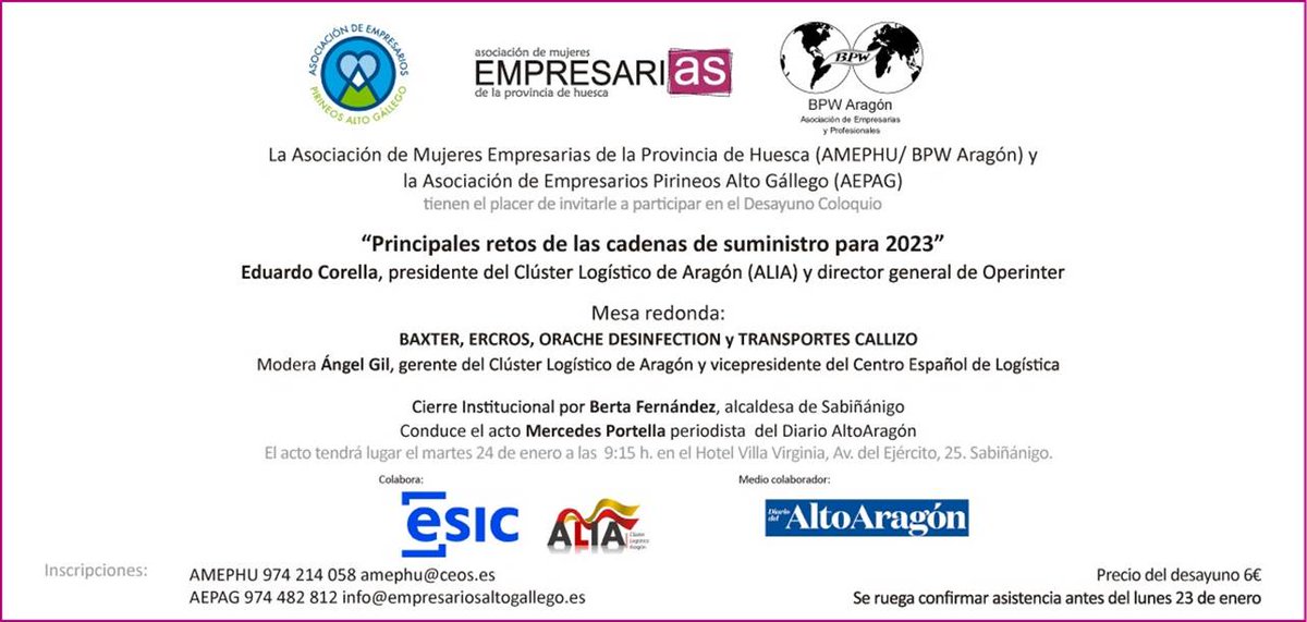 CIEMZaragoza's tweet photo. El próximo 🗓️24 de enero a las⌚9:15 h. tendrá lugar en el 📍Hotel Villa Virginia de Sabiñánigo el Desayuno Coloquio "Principales retos de las cadenas de suministro para 2023", organizado por @Amephu y @AEPAG. Con la colaboración de @esiczaragoza y #ClusterAlia. https://t.co/4USMI799UA