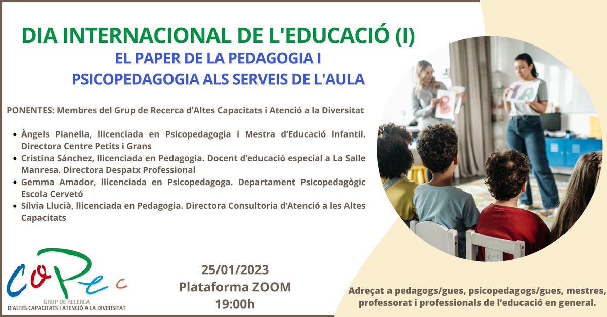 CopecPedagogs's tweet image. EL PAPER DE LA PEDAGOGIA I PSICOPEDAGOGIA ALS SERVEIS DE L'AULA, en el #DiaInternacionalEducacio 

25/01/23 via ZOOM adreçat a pedagogs/gues, psicopedagogs/gues, mestres, professorat i professionals de l'educació en general.

Inscripcions: pedagogs.cat/cursos-inscrip…
Organitza: #GRAC