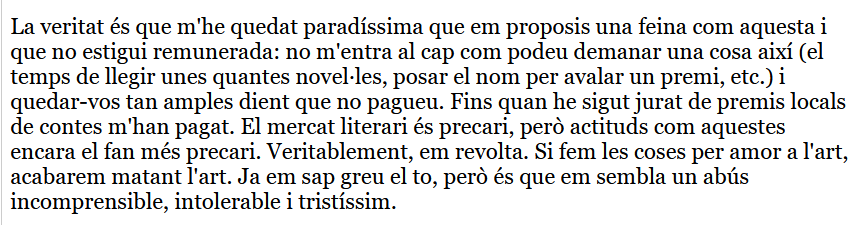 CarlotaGurt's tweet photo. Episodi 1.045 de la croada perquè les feines en el món de la cultura es paguin. Avui: Sigues jurat d'un premi de novel·la sense cobrar.

Jo els he dit això de sota. Però algú els dirà que sí. https://t.co/9SctBDJ7qM