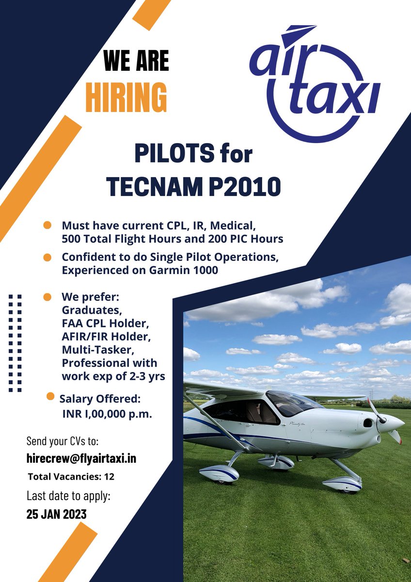 Here is your chance to fly with one of India's Finest Airline. Drop your CVs on hirecrew@flyairtaxi.in Now!!
#airtaxi #airtaxiindia #TECNAM #P2010 #TDI #SingleEngine #Flying #Pilot #adventure #hiringnow #PilotHiring #Airport #IndianAirlines #PAN_INDIA_FLYING #newdelhi #Hubballi