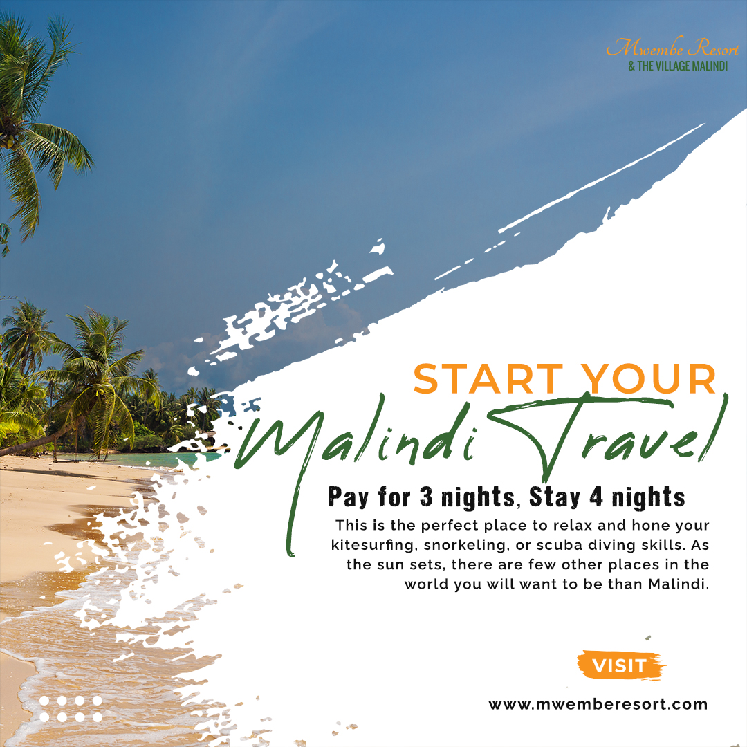 Treat yourself to a Coast holiday or weekend break with our Mwembe Discovery offers.
𝐄𝐧𝐣𝐨𝐲 𝐨𝐟𝐟𝐞𝐫: 𝐏𝐚𝐲 𝐟𝐨𝐫 𝟑 𝐍𝐢𝐠𝐡𝐭𝐬, 𝐒𝐭𝐚𝐲 𝟒 𝐍𝐢𝐠𝐡𝐭𝐬.
#magicalkenya #tembeakenya #adventure #travel #KenyanCoast #Malindi #mondaymood  #iamnairobian #africa Westlands
