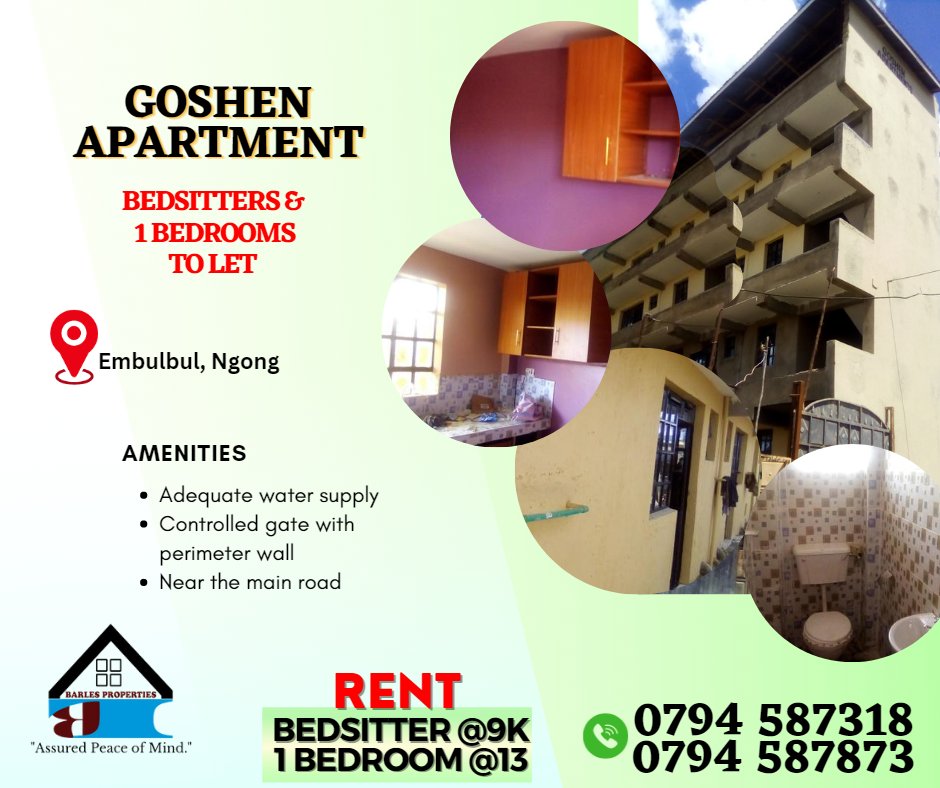 BarlesKenya's tweet photo. PROPERTY TO LET:
SPACIOUS BEDSITTER, 1&amp;2 BEDROOMS HOUSES ARE AVAILABLE;
🔹NGONG;
EMBULBUL - {GOSHEN APARMENT}
NGONG TOWN - {RUSAM APARTMENT}

To learn more about this property/ arrange for viewing,
talk to us on 0794 587318 / 0794 587873.
#ToLet
#AffordableHouses https://t.co/HBaEXMeiJR