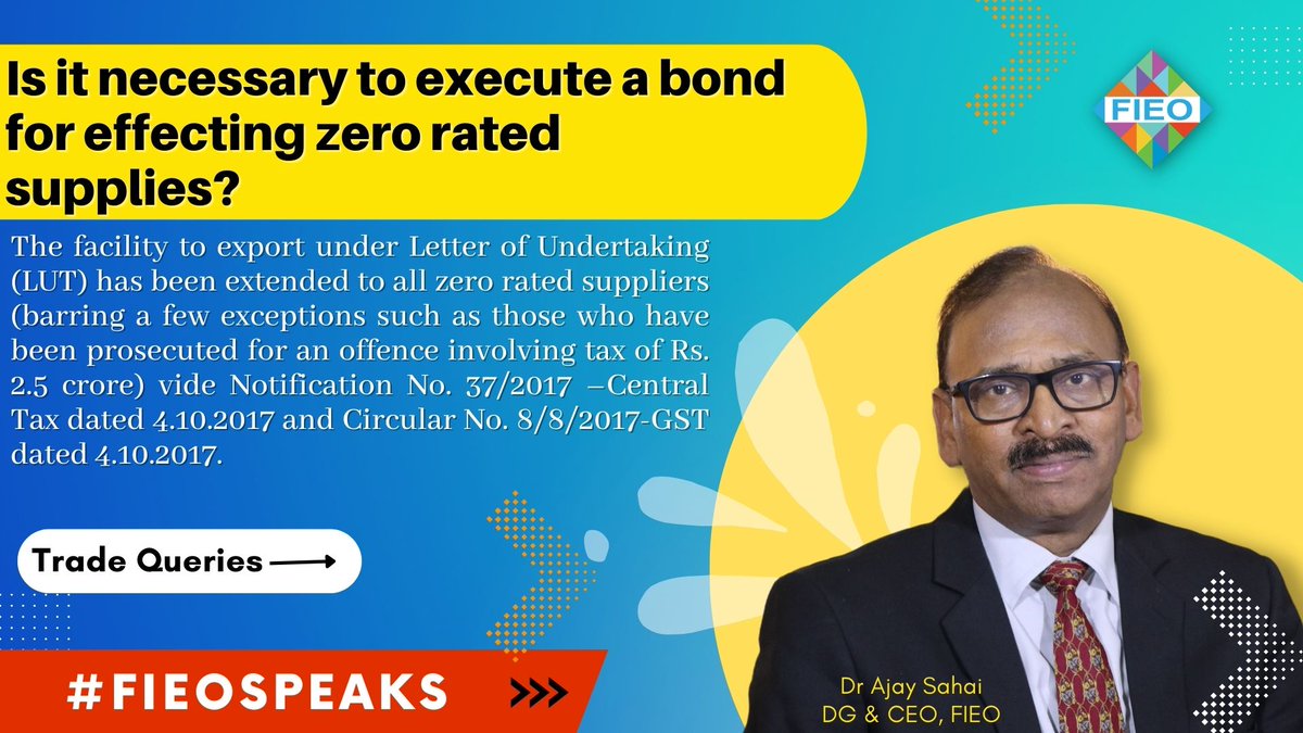 FieoHq's tweet photo. #TradeQueries

Is it necessary to execute a bond for effecting zero rated supplies?

#FIEOSpeaks #Exports #Imports #ecommerce #Trade #shipping #GST #IGST #Customs #ewaybill #SEZ #DESH #RoDTEP #RoSCTL #LUT #CGST #zerorated #suppliers https://t.co/wqPSxD1rK9