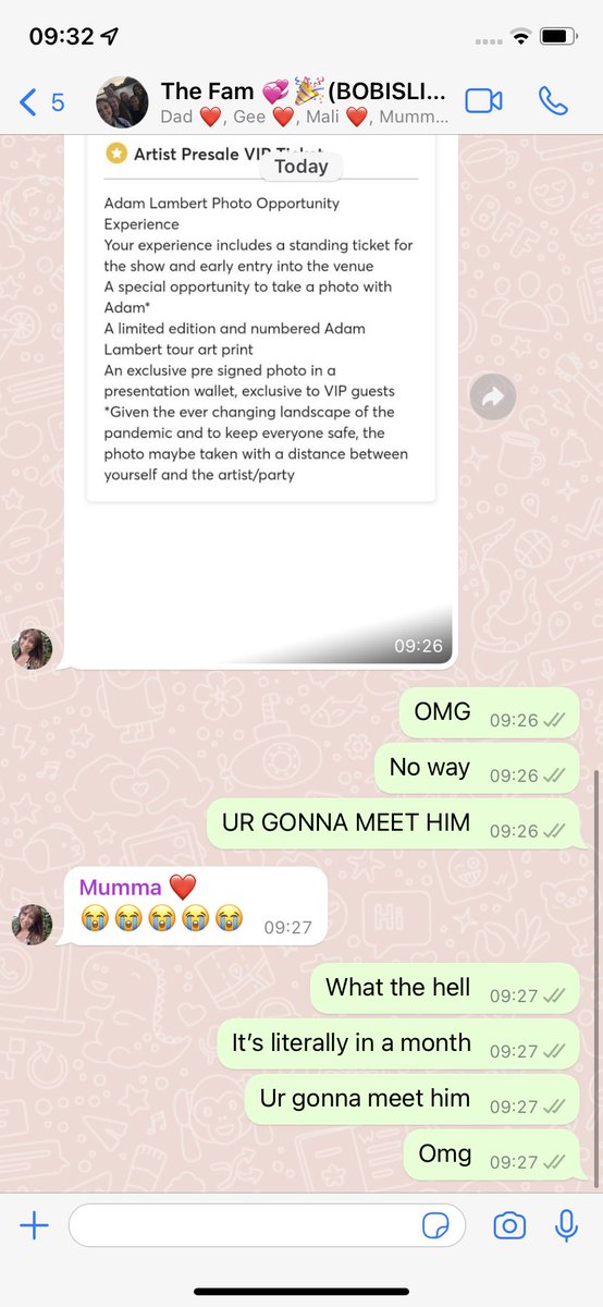 mcbusted_3000's tweet photo. @adamlambert my messages to my mum this morning. She had VIP tickets and missed out because of covid, my dad has just got her vip for London. She is going mad. This is her dream come true. Adam, please live up to my mums expectations. She’s been waiting for this moment for years! https://t.co/KgJnaEcr7T