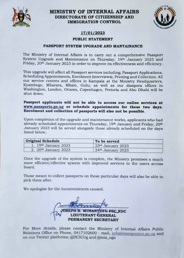 GovUganda's tweet photo. 𝐏𝐀𝐒𝐒𝐏𝐎𝐑𝐓 𝐒𝐘𝐒𝐓𝐄𝐌 𝐔𝐏𝐆𝐑𝐀𝐃𝐄 𝐀𝐍𝐃 𝐌𝐀𝐍𝐓𝐀𝐈𝐍𝐀𝐍𝐂𝐄
@mia_uga is to carry out a comprehensive Passport System Upgrade and Maintenance on Thursday,19th January 2023 and Friday,20th January 2023 in order to improve its effectiveness and efficiency. https://t.co/vsXMACYYgf