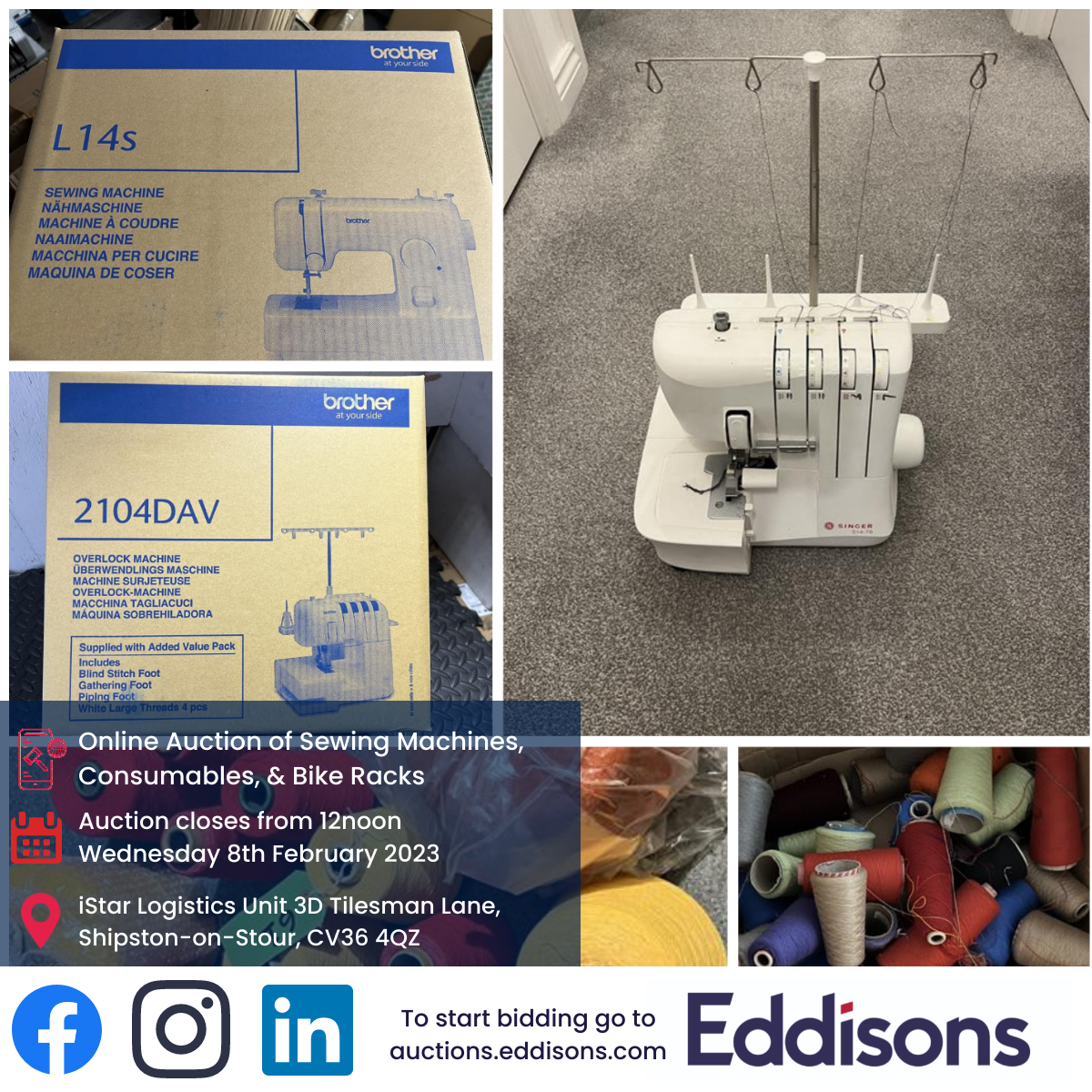 Eddisons_assets's tweet image. NOW LIVE! 

Online Auction of Sewing Machines, Consumables, &amp;amp; Bike Racks 

Auction closes from 12noon Wednesday 8th February 2023 
auctions.eddisons.com/auctions/8442/… 

#overlocker #sewingmachine #sewing #consumables #bike #bikeracks #auction #online #auctionhouse #happybidding #yarn #thread