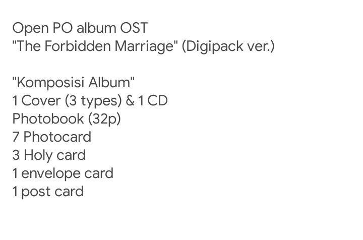 kdrama_menfess's tweet photo. 📍[PP] Open PO album OST  "The Forbidden Marriage" (Digipack ver.)

☑ 250k || DP 150k
☑ Ems tax
☑ Sealed
☑ GO WA
☑ Pelunasan dan pengiriman only by Shopee

https://t.co/Gbp29YjwJC https://t.co/qtEQJ4tppn