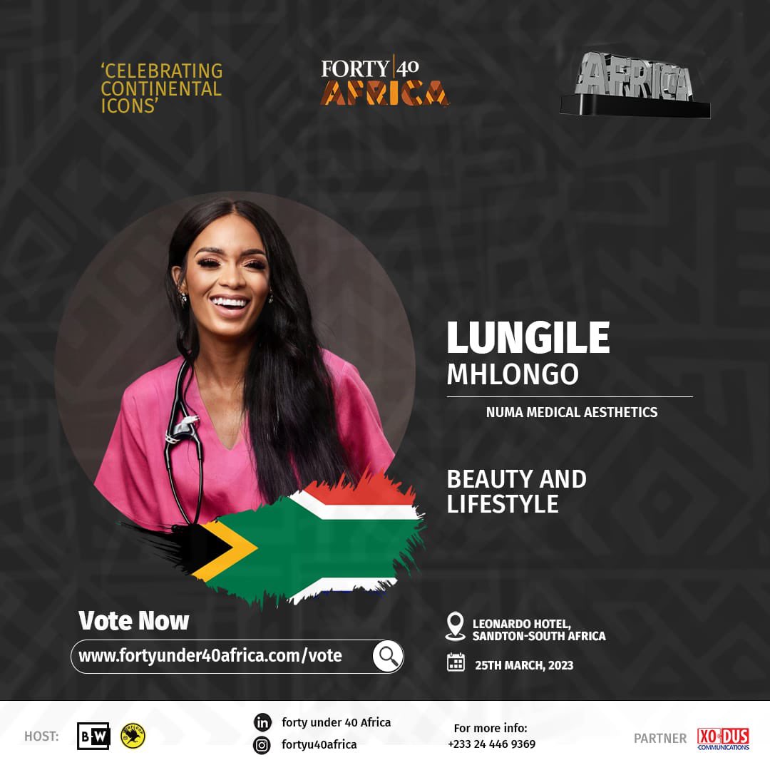 Profile of Your Nominee for Beauty and Lifestyle:

Lungile Mhlongo (Numa medical aesthetics) South Africa 🇿🇦 @lungile.mhlongo5 @numasthetics 

Lungile Mhlongo studied a bachelor of medicine and a bachelor of surgery at UKZN medical school, a diploma in aesthetic medicine,