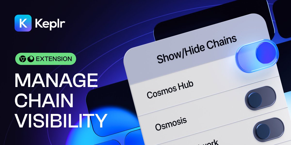 keplrwallet's tweet photo. We've just shipped one of the most requested features! ✨😎

You can now manage the list of chains displayed on Keplr Extension 😌

Click on [Settings] - [Show/Hide Chains] and easily toggle between displaying and hiding a chain. 💙 https://t.co/oQiM8sAmQp