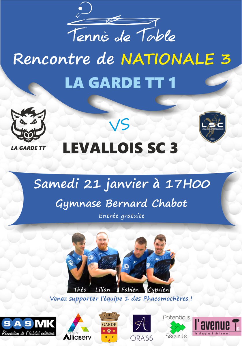 La Garde Tennis de Table (@lagarde_tt) on Twitter photo 🏓Reprise du championnat Nationale 3 ce samedi à 17H salle Bernard Chabot ! #tennisdetable <a href="/lagarde83130/">Ville de La Garde</a>
#tabletennis #pingpong #championnat 🏓Reprise du championnat Nationale 3 ce samedi à 17H salle Bernard Chabot ! #tennisdetable <a href="/lagarde83130/">Ville de La Garde</a>
#tabletennis #pingpong #championnat