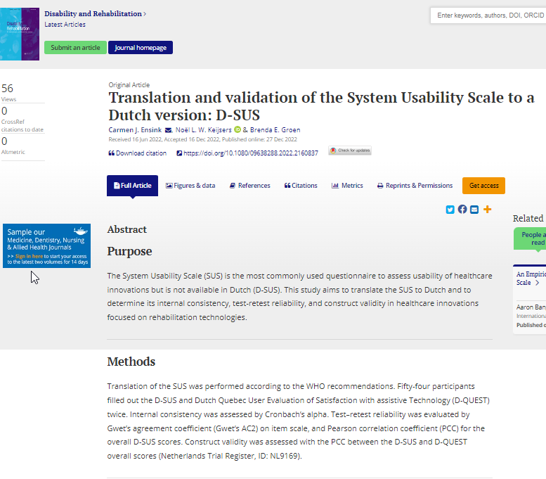 movingresearch's tweet image. Goed nieuws! De Nederlandse versie van de #SystemUsabilityScale (D-SUS) is nu beschikbaar!
#Gebruiksvriendelijkheid van #healthtech is belangrijk voor het daadwerkelijke gebruik ervan. De #DSUS kan hier al tijdens de ontwikkeling bij helpen! 
doi.org/10.1080/096382…
@NoelKeijsers