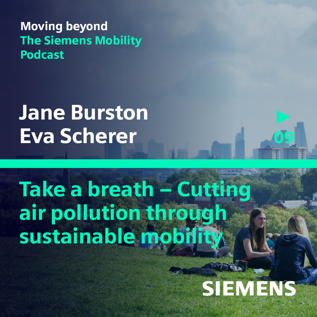 SiemensMobility's tweet photo. What is the role of #transportation sector in combatting climate change and air pollution? 
🎧 Listen to our podcast with @Jane_Burston from the @CleanAirFund, @sallyeaves and @evabscherer ⤵️ 
#wef23 #sustainability @wef