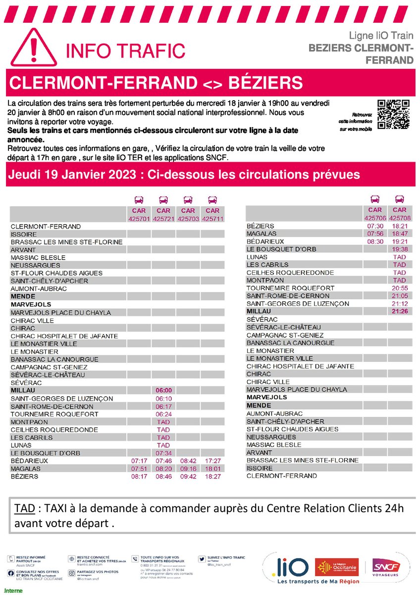 UsagersAuvergne's tweet photo. Suite à un "MOUVEMENT SOCIAL"
Perturbations
JEUDI 18 JANVIER
Ligne Train #Aubrac / des #Causses
#ClermontFd
#StFlour
#StChelyApcher
#Marvejols
#Severac
#Millau
#Bedarieux
#Béziers
@lio_train_sncf
@SNCFTERAURA
#MassifCentral
#TrainDuQuotidien https://t.co/iub85GwYmz