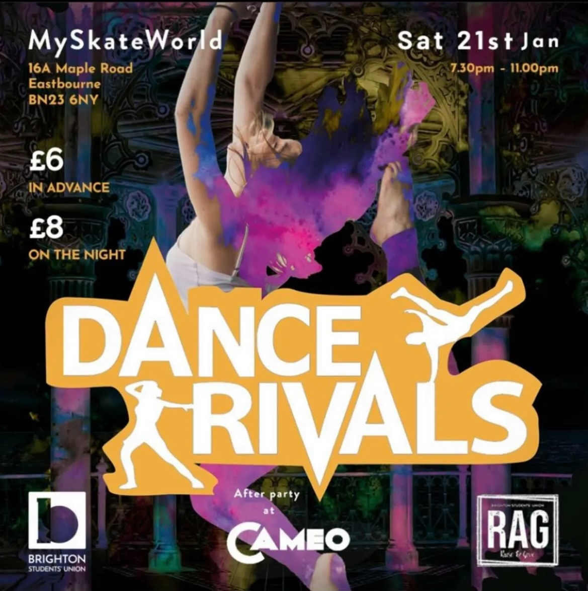 And we're back! Join us <a href="/MySkateWorld/">myskateworld</a> on Saturday 21st January for the penultimate Dance Rivals in Eastbourne! Tickets on sale from <a href="/Eastbourne_SU/">BrightonSUEastbourne</a>. 

Who's going to win the coveted trophy?!

<a href="/uniofbrighton/">University of Brighton</a> <a href="/SHSUnivBrighton/">Sport and health sciences</a> <a href="/brightonalumni/">Uni Brighton alumni</a> <a href="/Panthers/">Carolina Panthers</a> <a href="/F4Pvalues/">Football 4 Peace</a> <a href="/danceatchelsea/">Chelsea Dance</a>