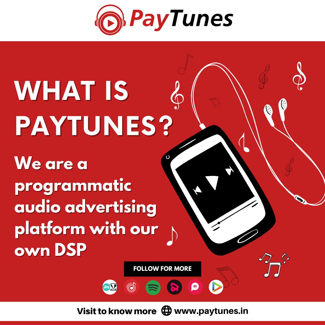 PayTunes's tweet photo. What is paytunes?
We are a programmatic audio advertising platform with our own DSP
visit our website - https://t.co/UoJNNJneqM info@paytunes.in 
#paytunes #audioads #audioadvertisement #ressoads #paytunesads #spotifyads #ads #audioadvertising #spotify #marketing #audio #branding https://t.co/evRo2RfTag