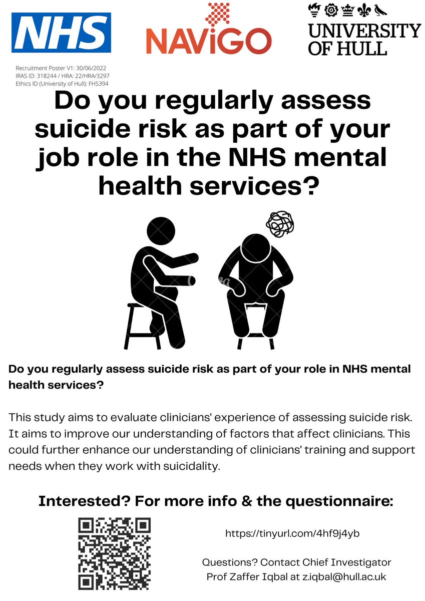 We need approx 40 more #NHS clinicians (Drs, psychs, therapists, nurses, SWs, OTs, SLTs...) who assess suicide risk to complete this questionnaire before 31/01/23! 

hullpsychology.eu.qualtrics.com/jfe/form/SV_da… 

Please share with colleagues #nowrecruiting #MedTwitter #TherapistConnect
