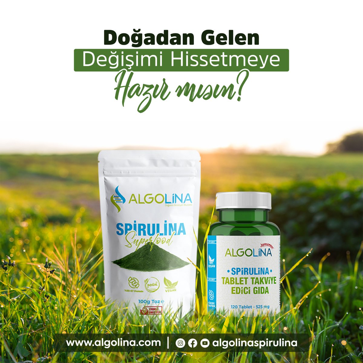 AlgolinaTR's tweet photo. Doğadan gelen değişimi ALGOLİNA ile  hissetmeye hazır mısınız?

#spirulina #spirulinakapsül #spirulinatozu #spirulinatablet #doğalbeslenme #sağlıklıbeslenme https://t.co/yjDR5tOVg4