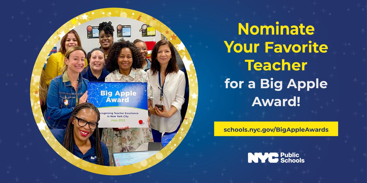 The 2023 Big Apple Award nomination period to #ThankATeacherNYC is open! 

Students, families, administrators, and community members can nominate any <a href="/NYCschools/">NYC Public Schools</a> teacher from now through February 28, 2023: schools.nyc.gov/BigAppleAwards