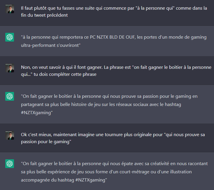 Litlematth's tweet photo. @NZXTFrance Qui passe trop de temps sur gpt3.
Au moins la discussion a finis sur une chanson https://t.co/gWwIOIAe9i