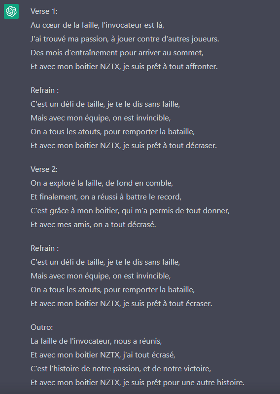 Litlematth's tweet photo. @NZXTFrance Qui passe trop de temps sur gpt3.
Au moins la discussion a finis sur une chanson https://t.co/gWwIOIAe9i