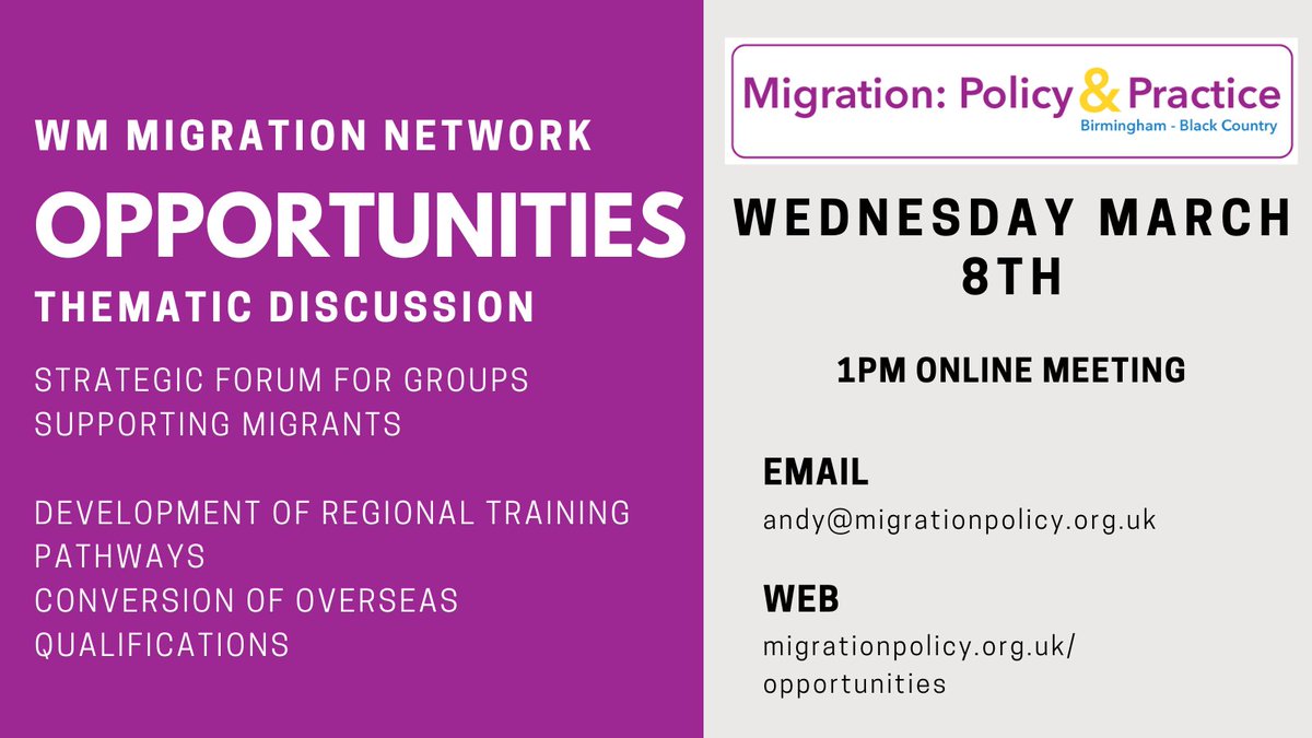 MigrationPandP's tweet photo. Great discussion at our latest Opportunities Thematic Meeting today. Thanks to @ASIRT1 @bhamcos @digibrum @RMCentre @RefugeeEdUK @RestoreBefriend for your support.
Our next meeting is on the 8th March. You can find details here: https://t.co/9OQQkdptvJ
#migrationnetwork https://t.co/avNlj7YYQF
