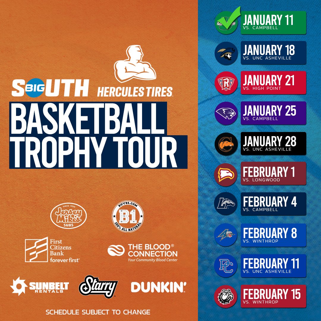 BigSouthSports's tweet photo. 𝑶𝒏 𝒕𝒉𝒆 𝒓𝒐𝒂𝒅 𝒂𝒈𝒂𝒊𝒏 🎶🏆

The @HerculesTires Big South Basketball Championship Trophy Tour continues tonight with a stop in Charleston for @UNCAvlMBB at @CSU_Mbball!

#RoadToCLT🏀🏆 https://t.co/9HJAq2Q1hF