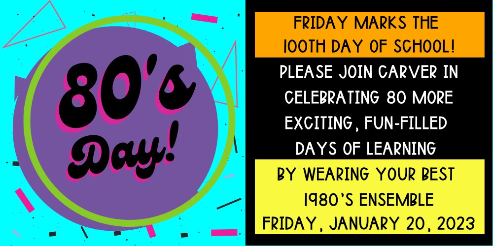 Neon, parachute pants, leg warmers, and BIG hair....we hope to see it all on Friday, January 20 as GWC celebrates the 100th Day of School!  We look forward to 80 more exciting, fun-filled days of learning!