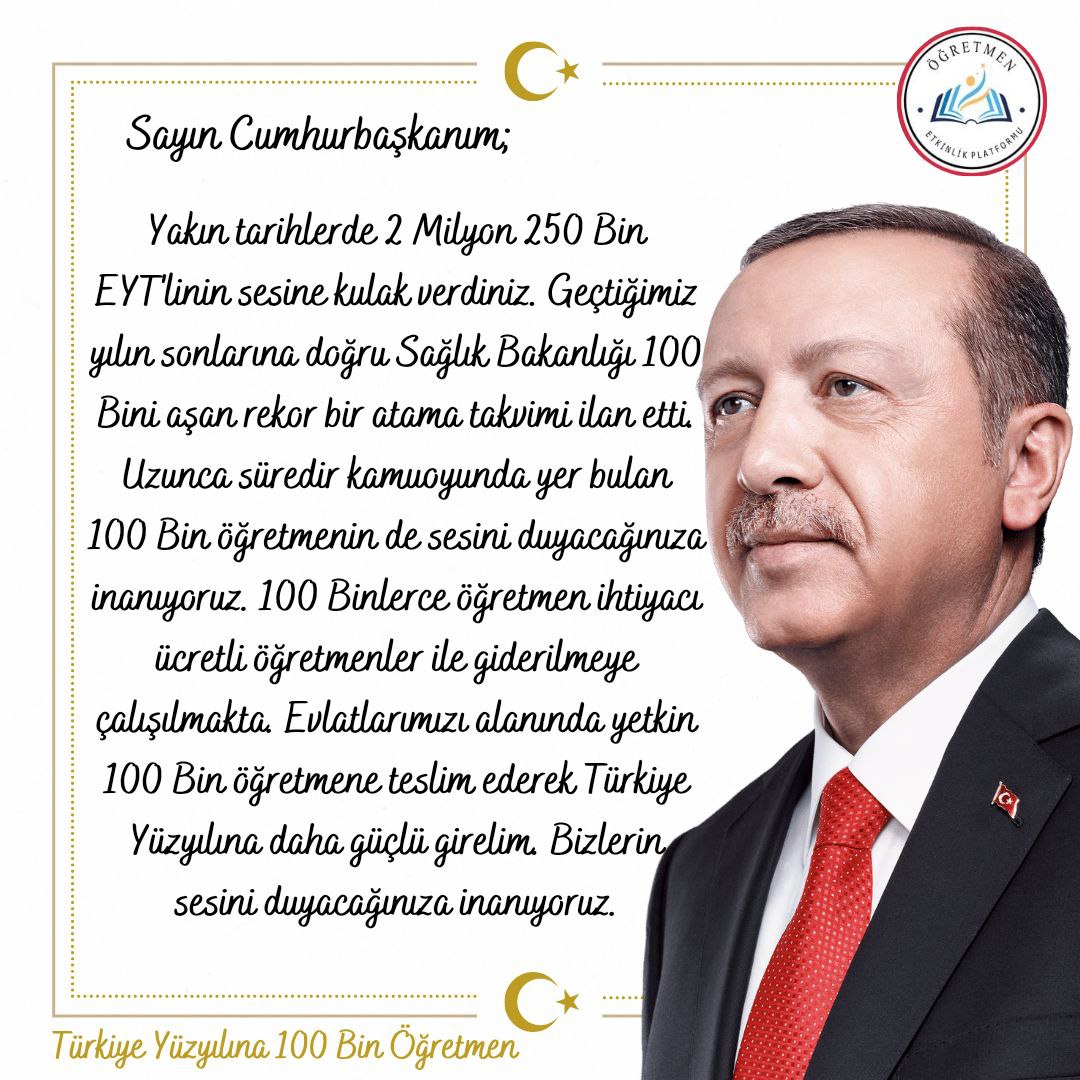 OgretmnEtkinlik's tweet photo. Cumhuriyetimizin 100. yılındayız ve bu yüzyıl eğitim yüzyılı olsun istiyoruz. Bizlerin sesini duyacağınıza inanıyoruz. Cumhuriyet yüzyılında 100 bin adil dağılımlı öğretmen atamasını yaparsa siz sayın Cumhurbaşkanımız yaparsınız. 

🇹🇷

@RTErdogan
@tcbestepe
#ReisArtık100BiniAta https://t.co/zFouJUiqHp
