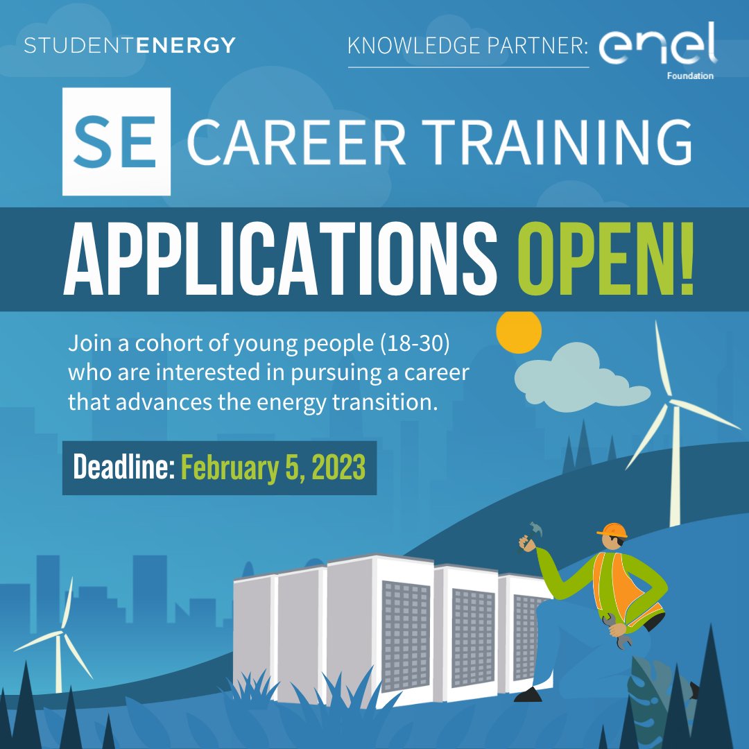 studentenergy's tweet image. 📣📣 We are still accepting applications to join the third cohort of Student Energy Career Training! Apply at bit.ly/sect-applicati… by February 5, 2023

#StudentEnergy #SECareerTraining #EnergySystem #EnergyTransition #EnergyAccess  #ClimateChange #ClimateAction #Apply