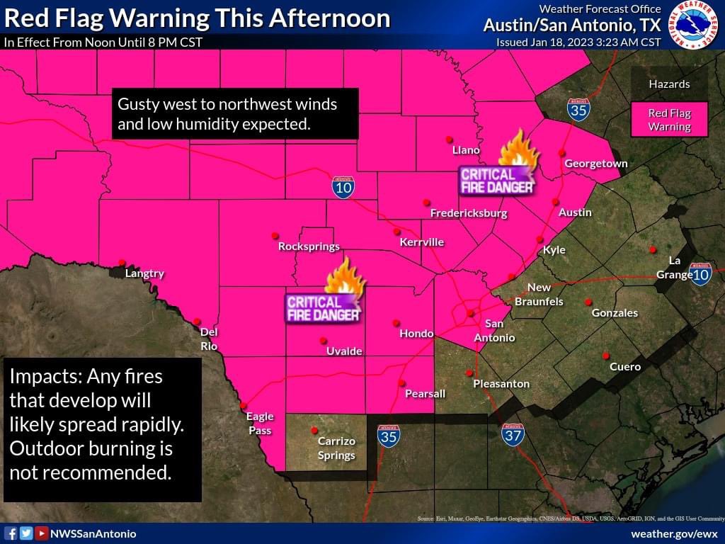 KyleFD's tweet photo. A Red Flag warning has been issued for the area from noon – 8 p.m. Please: no outdoor burning, dispose of cigarettes properly, and postpone any activities that could spark off a wildfire! https://t.co/IUoe0w9r63