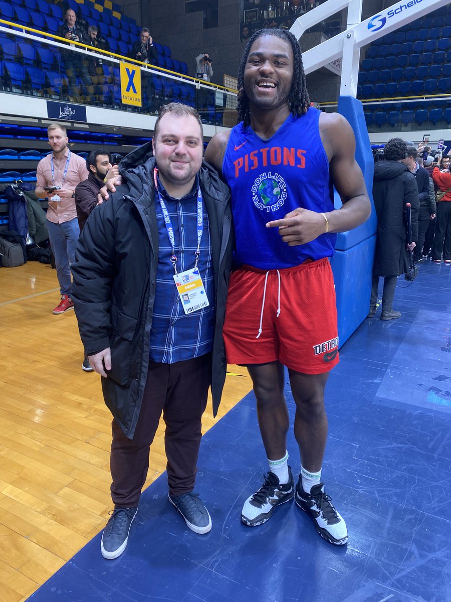 Pistons_PR's tweet photo. In the flesh (not on a Zoom call)…@Tsaltas46 with @Dreamville_33 at @DetroitPistons media availability in Paris. #Pistons #NBAParis https://t.co/tSIixXDqQa