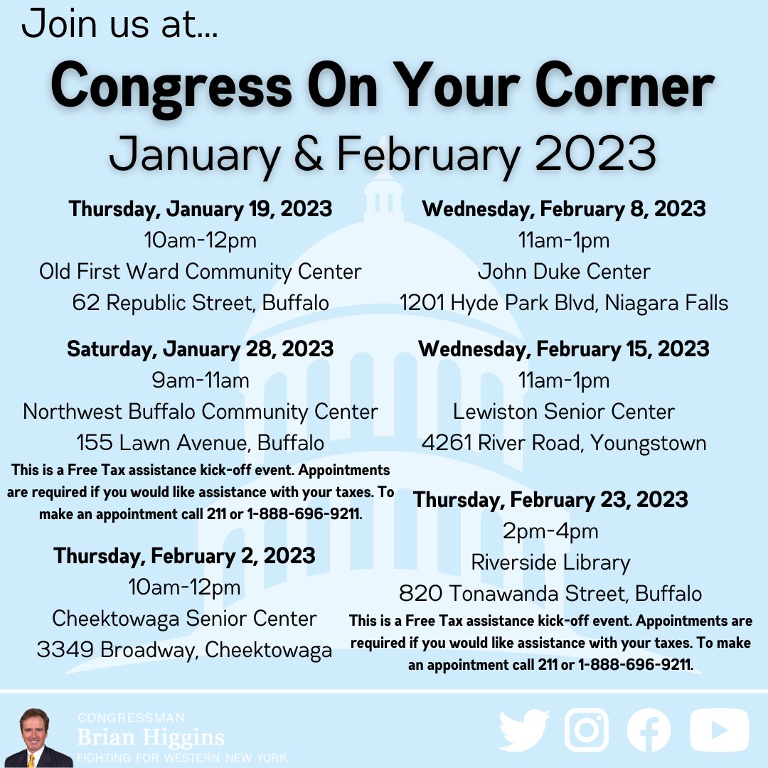 Join us on Thursday from 10am-noon for Congress on Your Corner at the <a href="/Old1stWardBflo/">Old 1st Ward</a> Community Center.

Here is a full list of upcoming satellite office hours⤵️