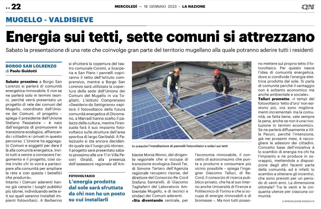 Oggi su <a href="/qn_lanazione/">La Nazione</a> si parla della presentazione del progetto "Comunità Energetiche Rinnovabili" promosso da <a href="/mugellotoscana/">Unione Comuni Mugello</a>. Il ns <a href="/giacomo_talluri/">GiacomoTalluri</a> spiega l'importanza delle comunità energetiche per la produzione di #energiarinnovabile e l'#autoconsumo. bit.ly/3XGPteg