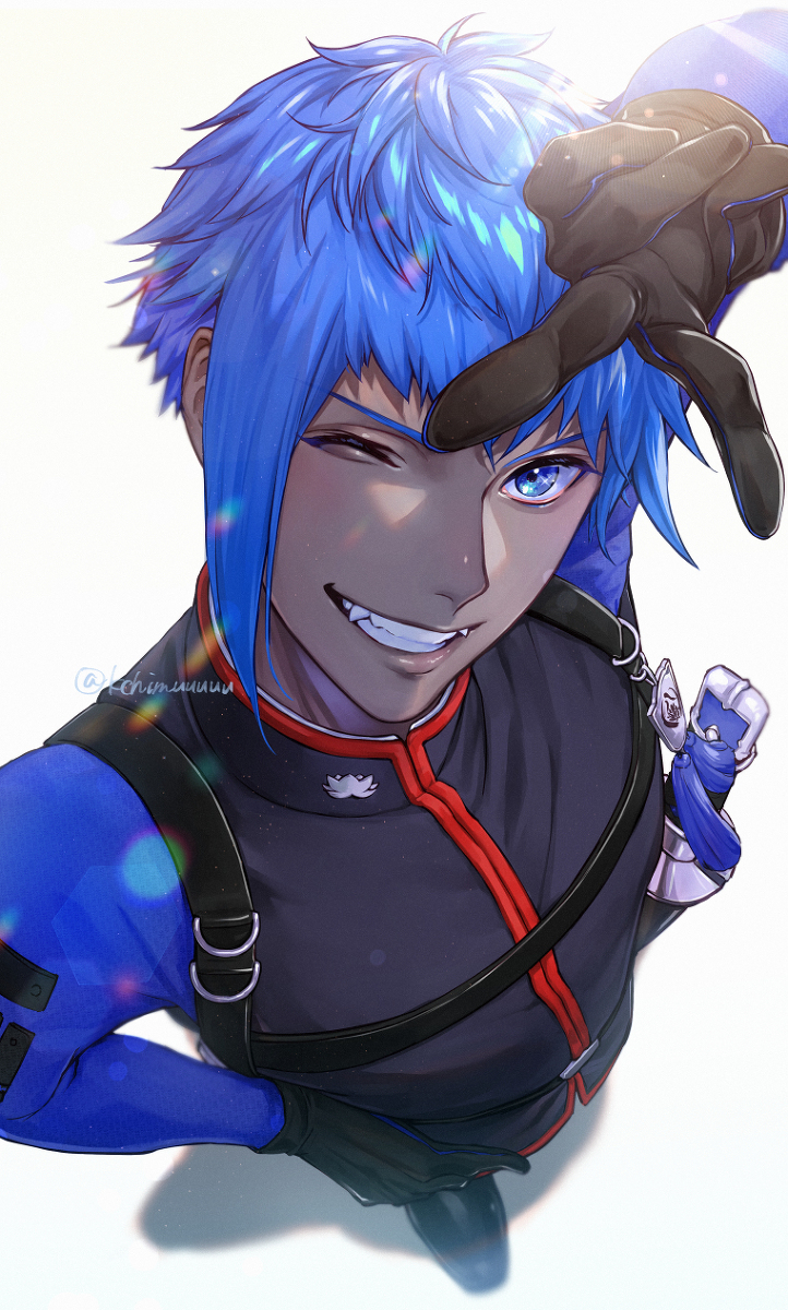 male focus 1boy blue hair blue eyes one eye closed smile dark skin  illustration images